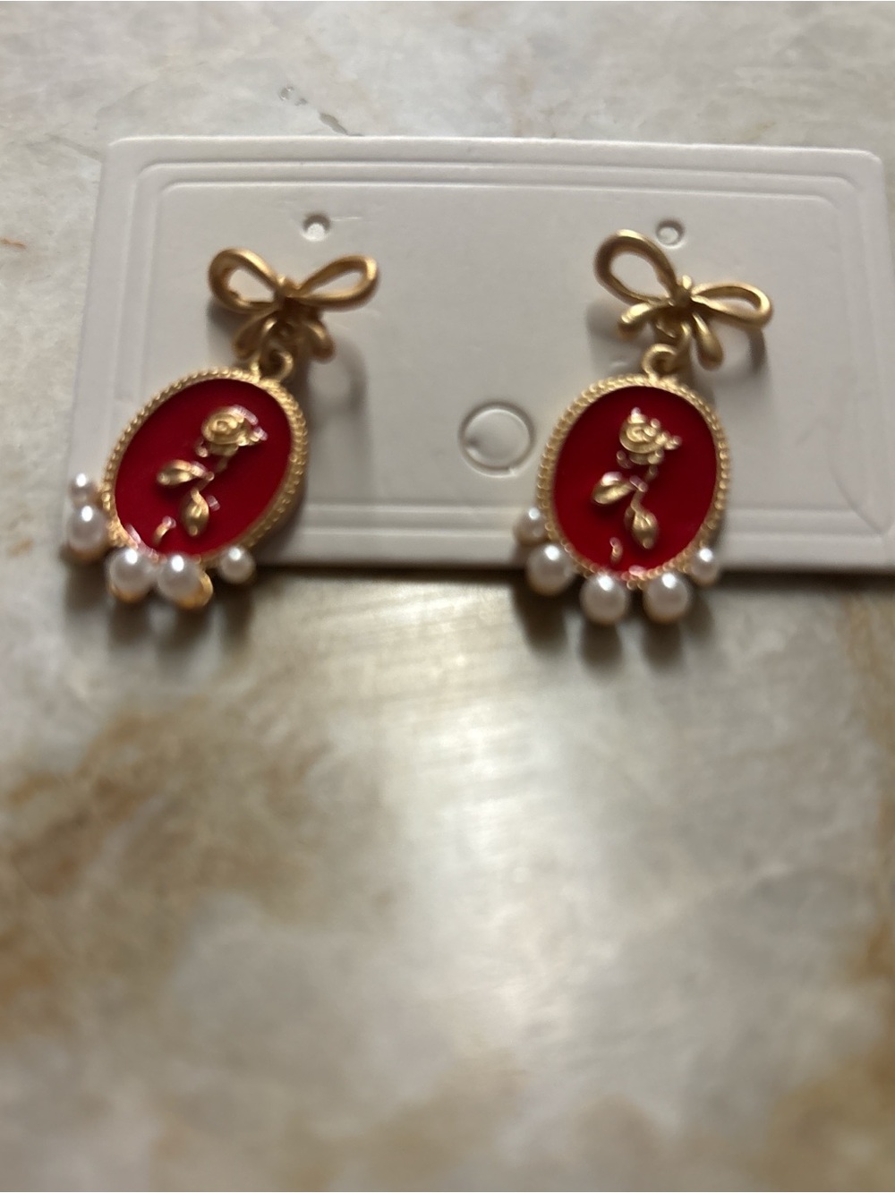 Vintage Gold Bow Earrings with Red Enamel Rose and Pearl Drops